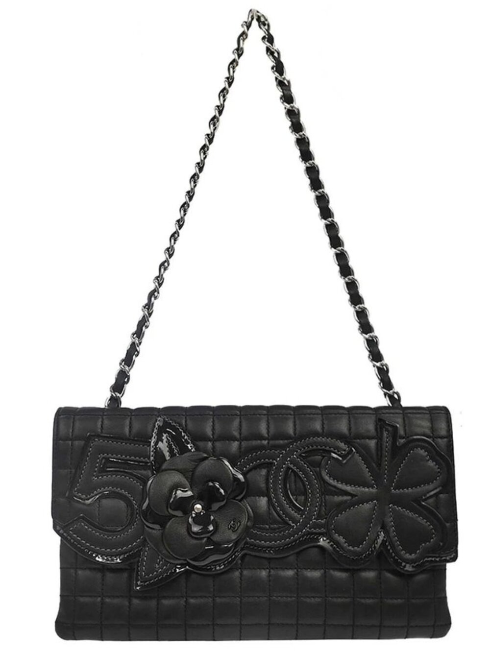 Chanel Black Lambskin Choco Bar Camellia No.5 CC Clover Handbag 168066